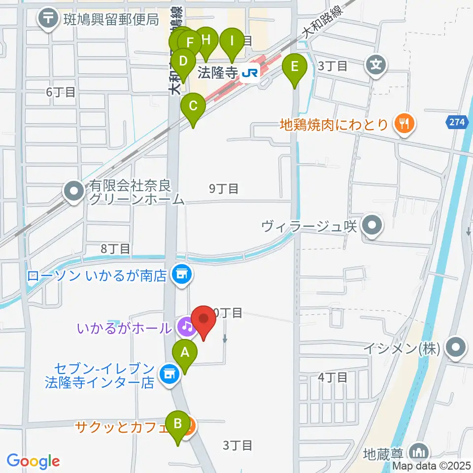 いかるがホール周辺のファミレス・ファーストフード一覧地図