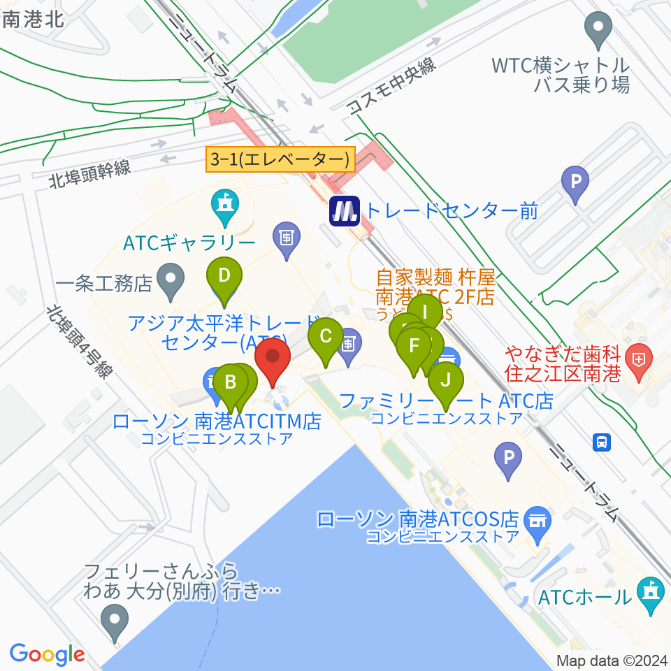 南港サンセットホール周辺のファミレス・ファーストフード一覧地図