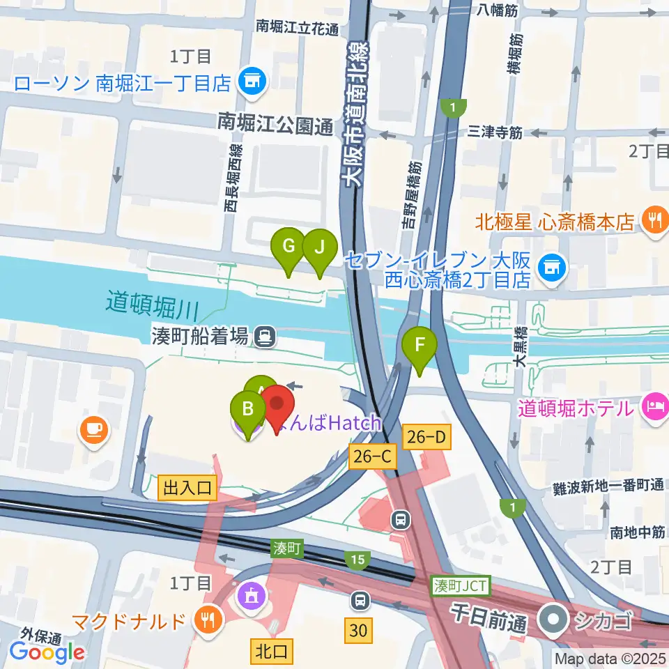 なんばハッチ周辺のファミレス・ファーストフード一覧地図