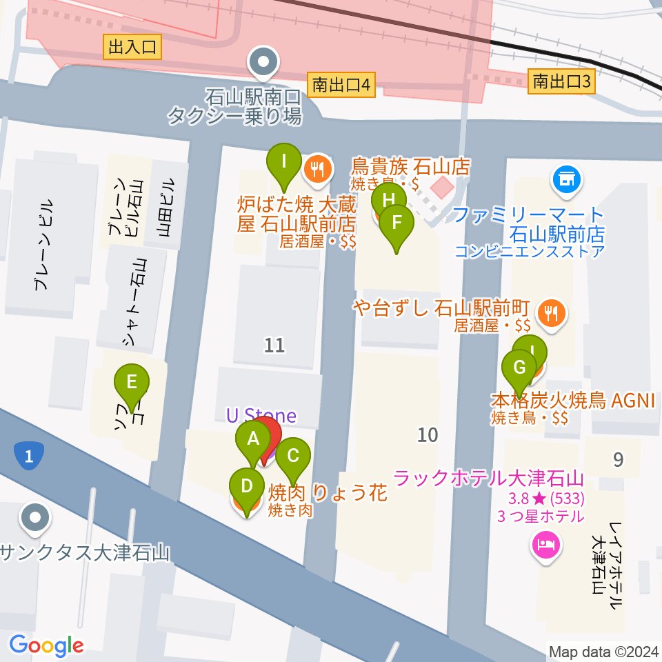 滋賀ユーストン周辺のファミレス・ファーストフード一覧地図