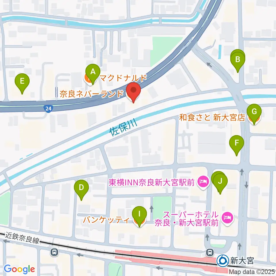 奈良ネバーランド周辺のファミレス・ファーストフード一覧地図