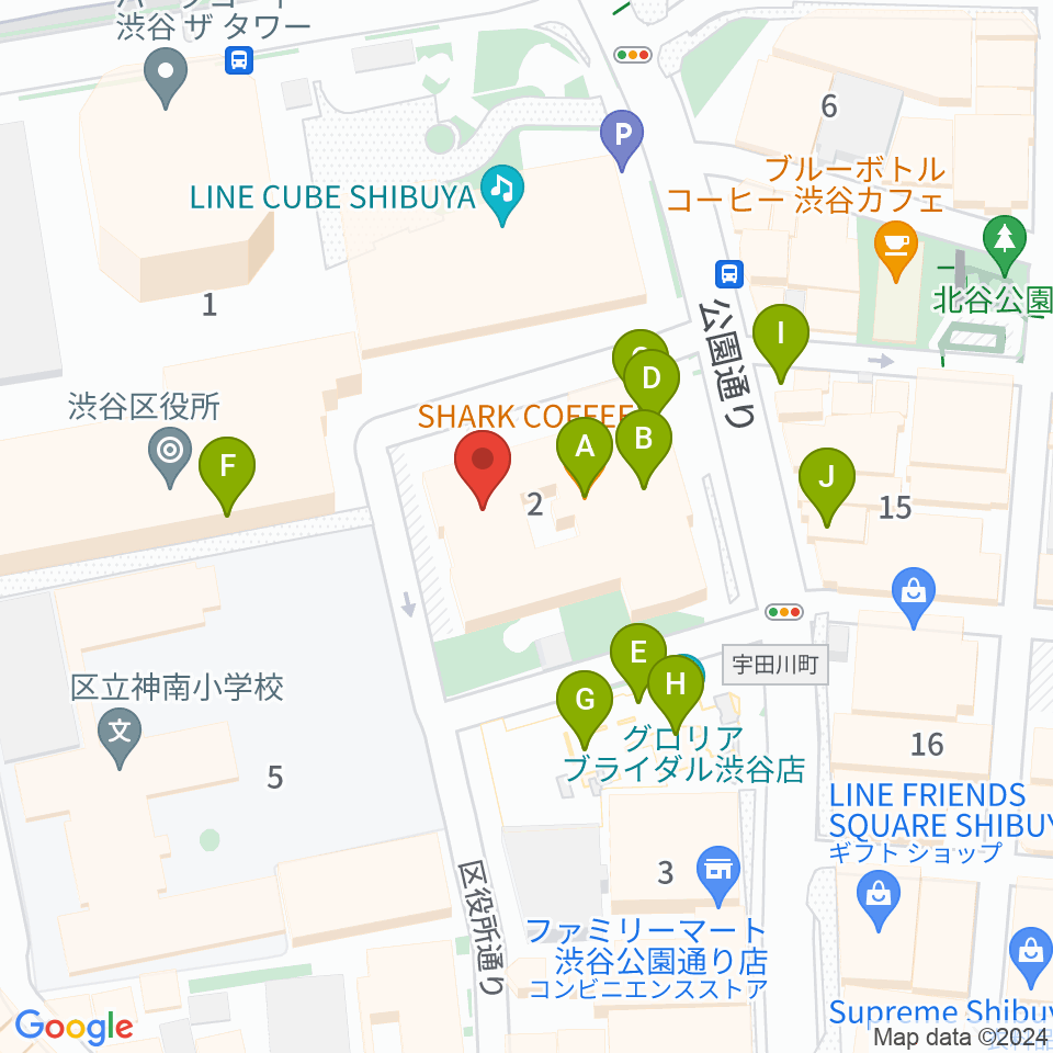 渋谷公園通りBODY&SOUL周辺のファミレス・ファーストフード一覧地図