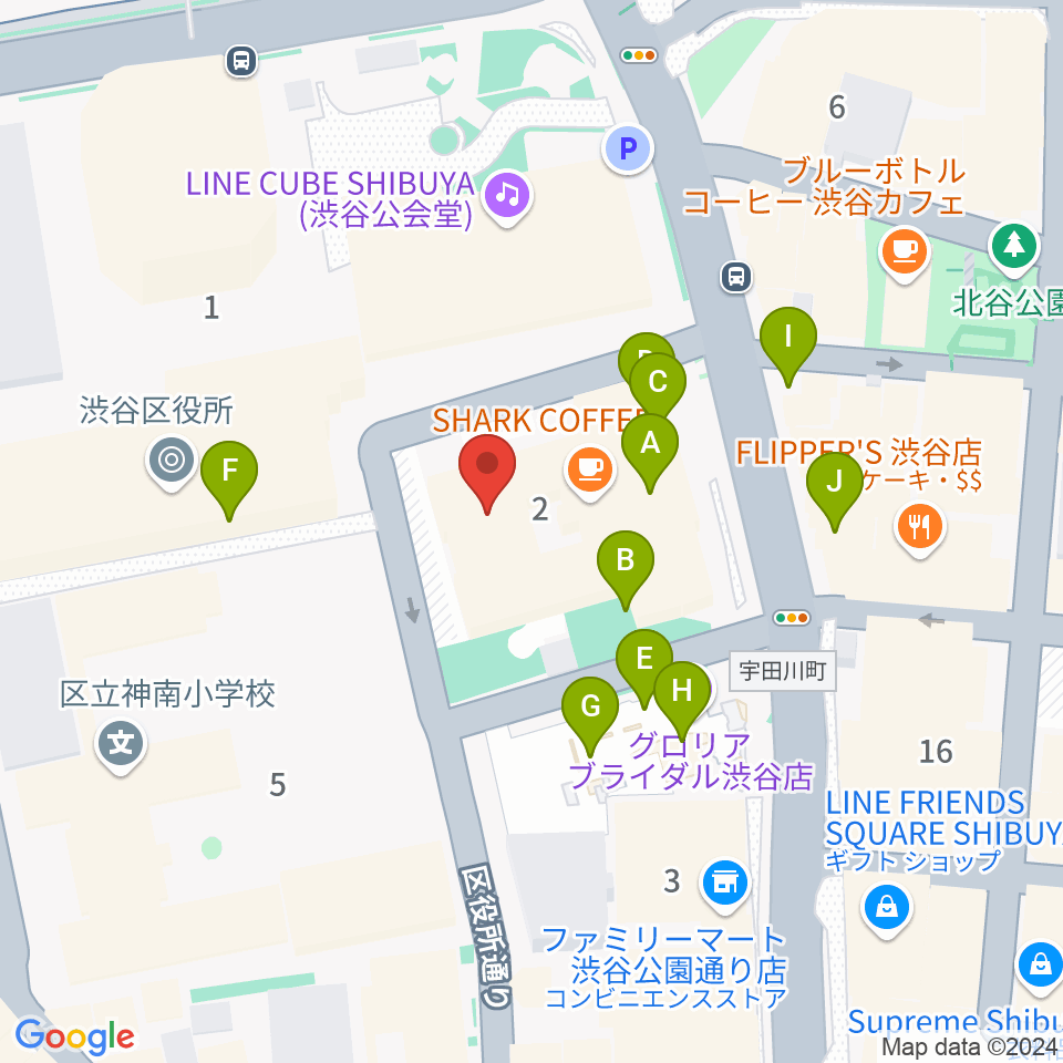 渋谷公園通りBODY&SOUL周辺のファミレス・ファーストフード一覧地図