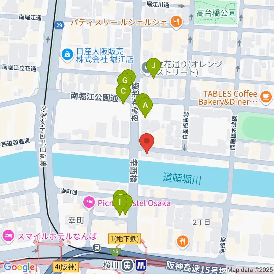 南堀江エンヴァイロメントゼロジー周辺のファミレス・ファーストフード一覧地図