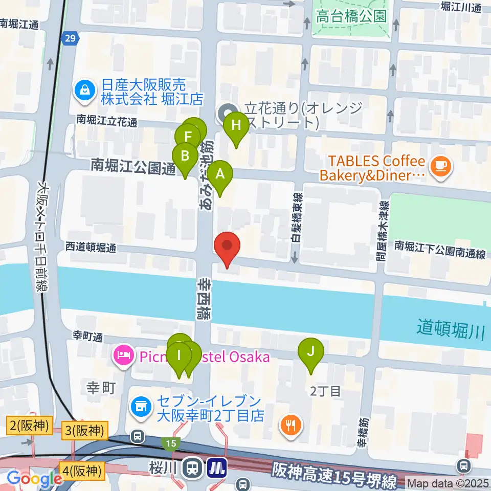 南堀江エンヴァイロメントゼロジー周辺のファミレス・ファーストフード一覧地図