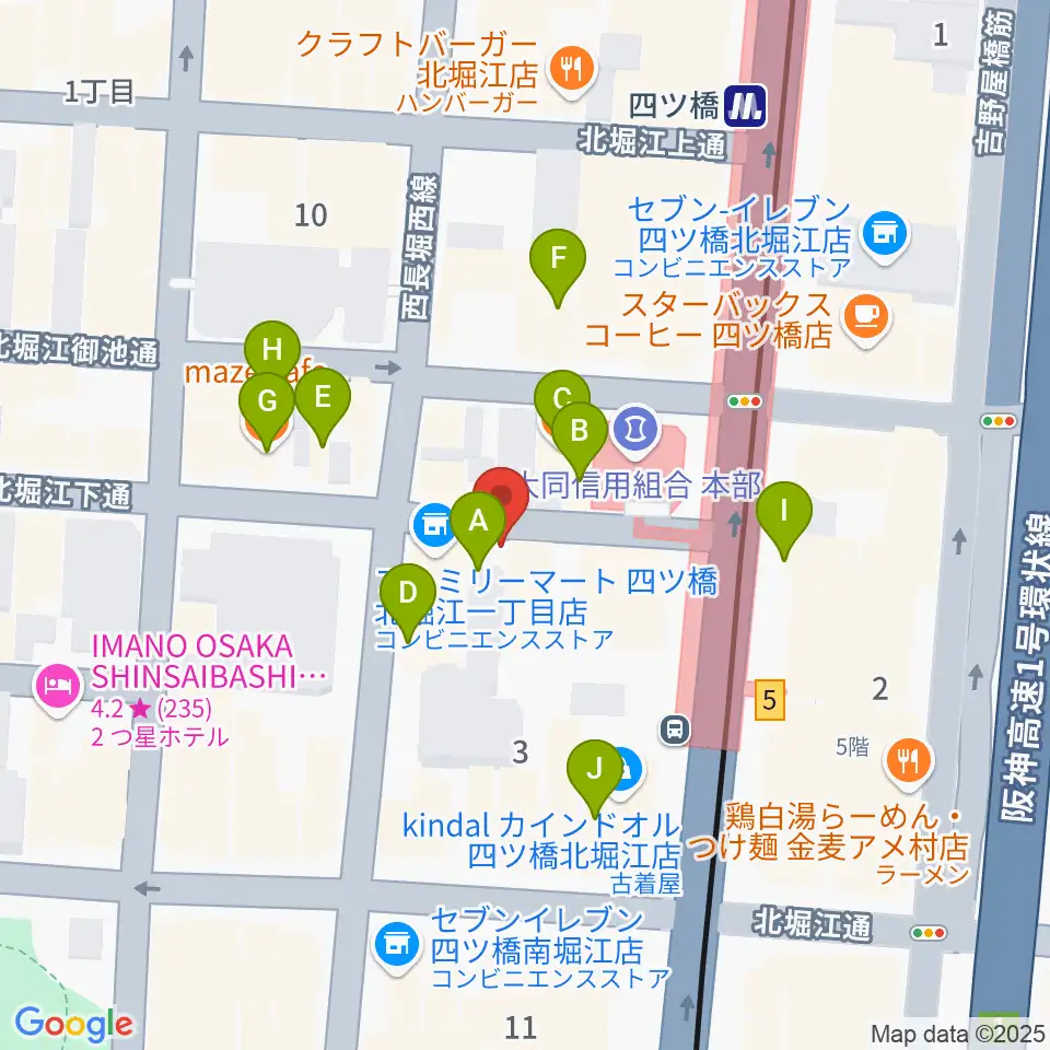 堀江ヒルズパン工場周辺のファミレス・ファーストフード一覧地図