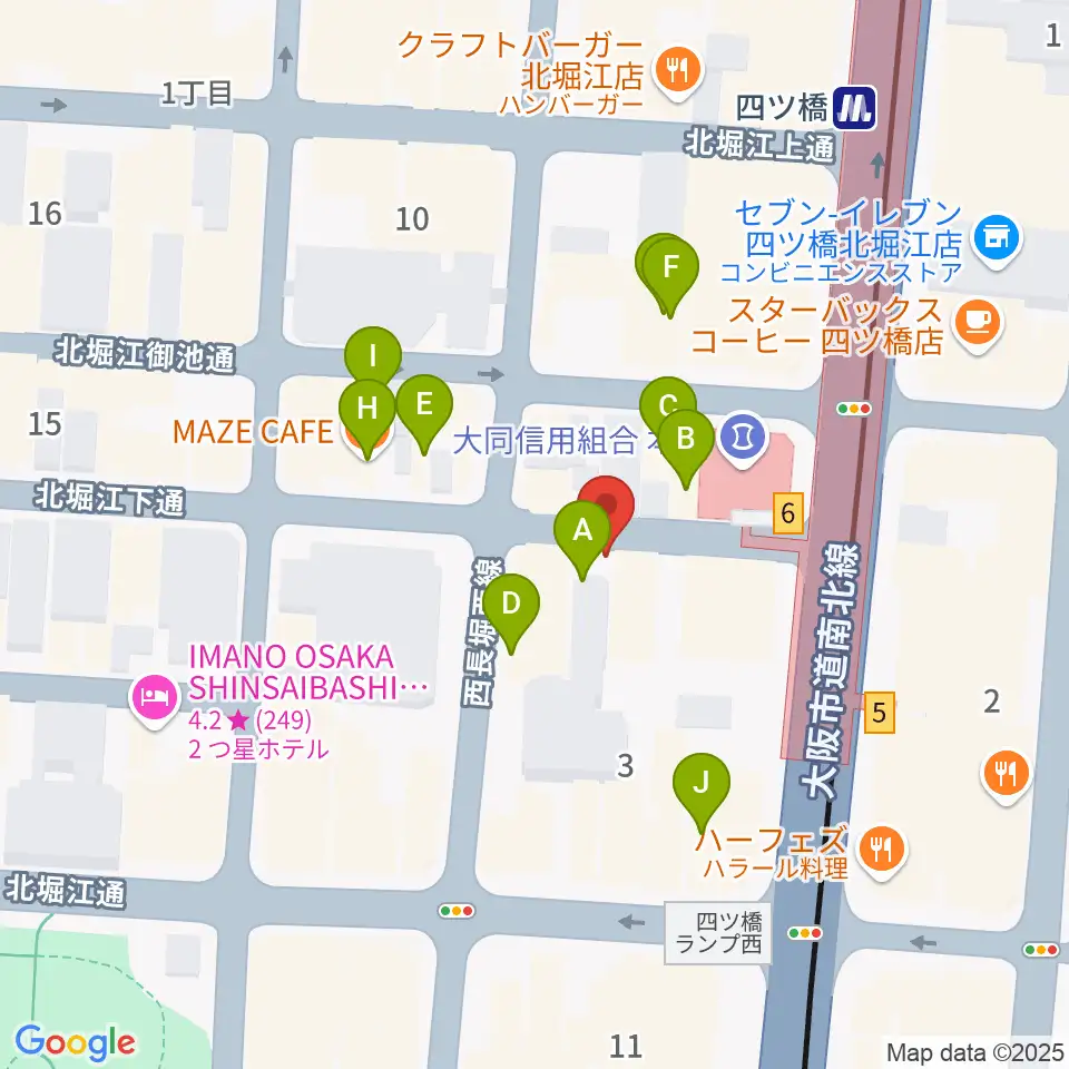 堀江ヒルズパン工場周辺のファミレス・ファーストフード一覧地図