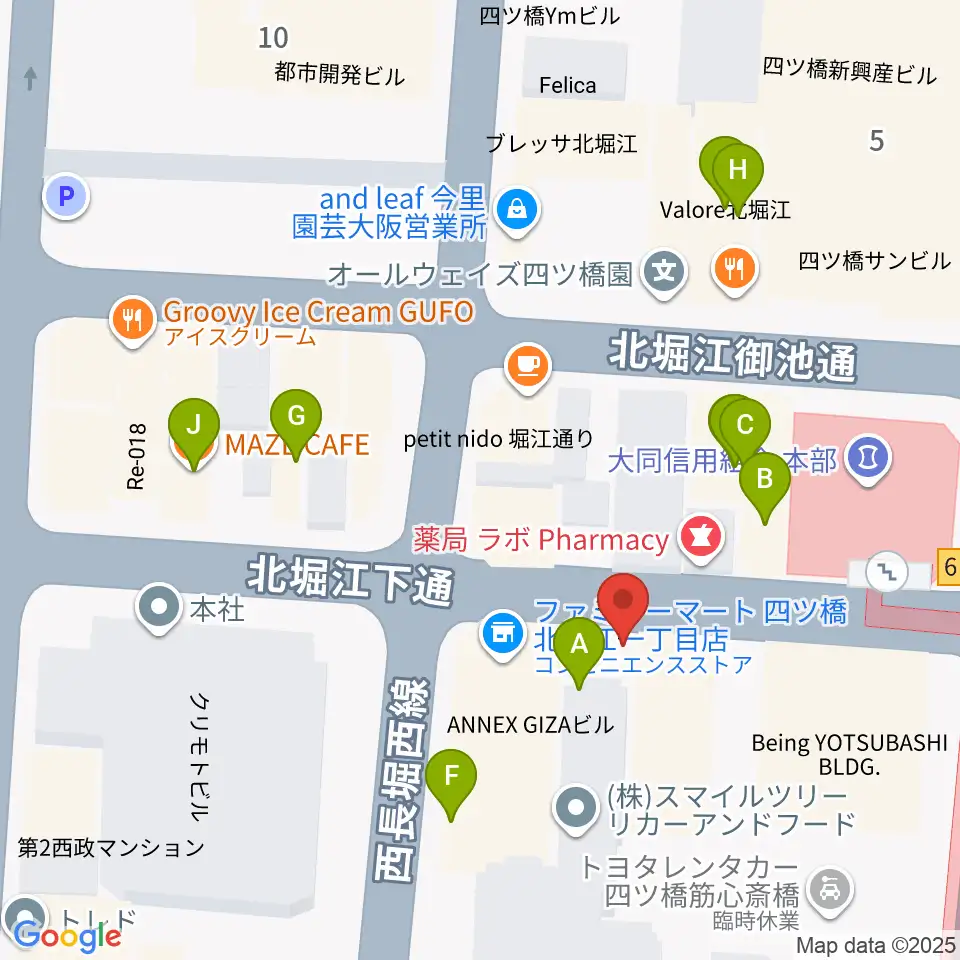 堀江ヒルズパン工場周辺のファミレス・ファーストフード一覧地図