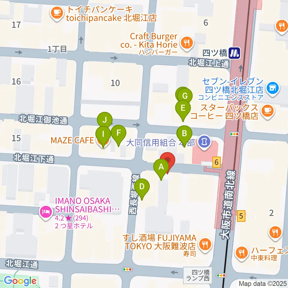 堀江ヒルズパン工場周辺のファミレス・ファーストフード一覧地図