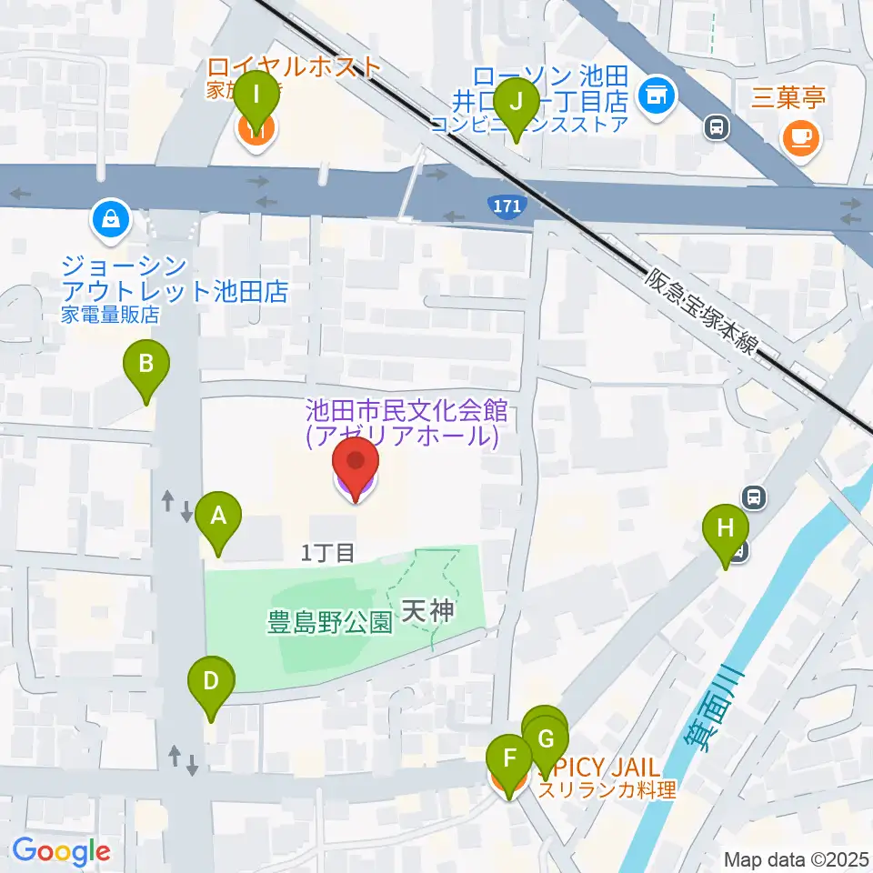 池田市民文化会館周辺のファミレス・ファーストフード一覧地図