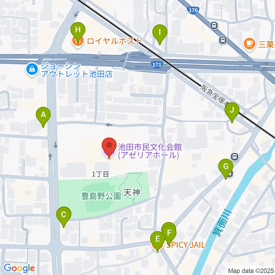 池田市民文化会館周辺のファミレス・ファーストフード一覧地図