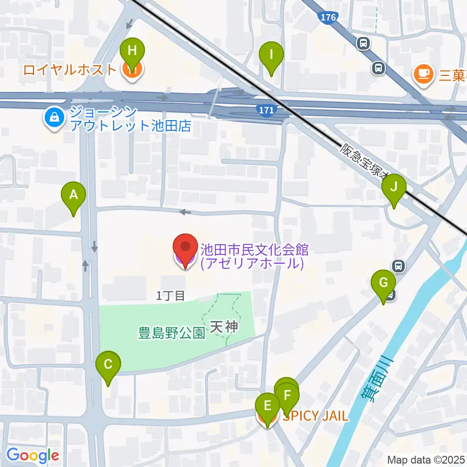 池田市民文化会館周辺のファミレス・ファーストフード一覧地図