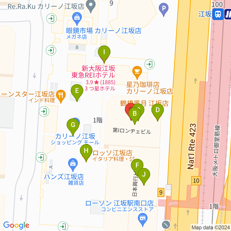 江坂GARO周辺のファミレス・ファーストフード一覧地図