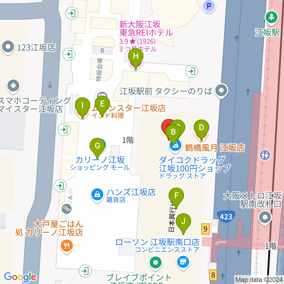 江坂GARO周辺のファミレス・ファーストフード一覧地図