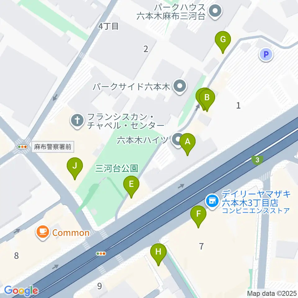 六本木ケントス周辺のファミレス・ファーストフード一覧地図