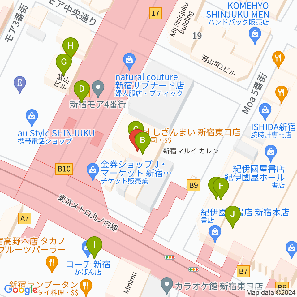 新宿ケントス周辺のファミレス・ファーストフード一覧地図