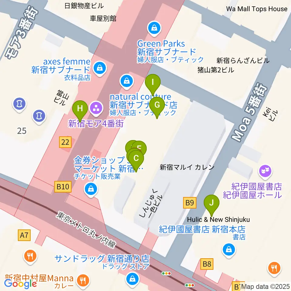 新宿ケントス周辺のファミレス・ファーストフード一覧地図