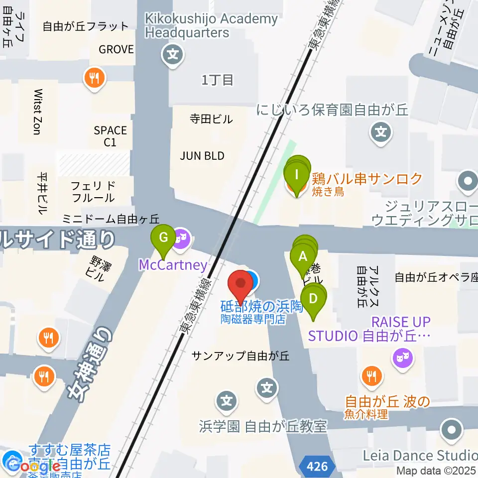 自由ヶ丘ヴァイオリン周辺のファミレス・ファーストフード一覧地図