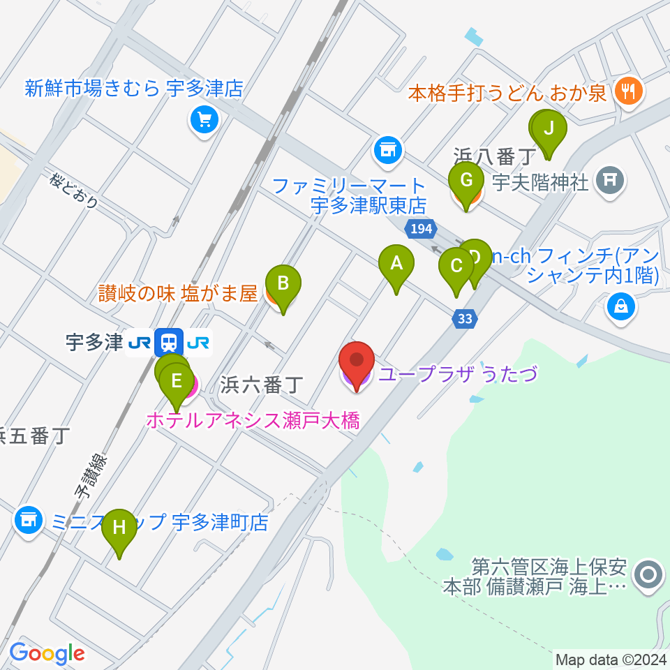 ユープラザうたづ周辺のファミレス・ファーストフード一覧地図