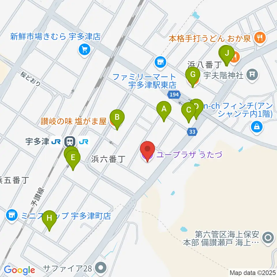 ユープラザうたづ周辺のファミレス・ファーストフード一覧地図