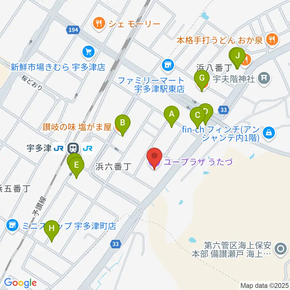 ユープラザうたづ周辺のファミレス・ファーストフード一覧地図