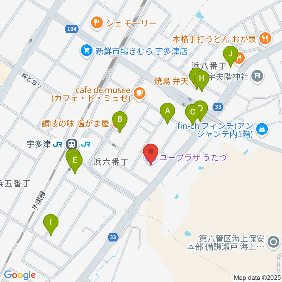 ユープラザうたづ周辺のファミレス・ファーストフード一覧地図