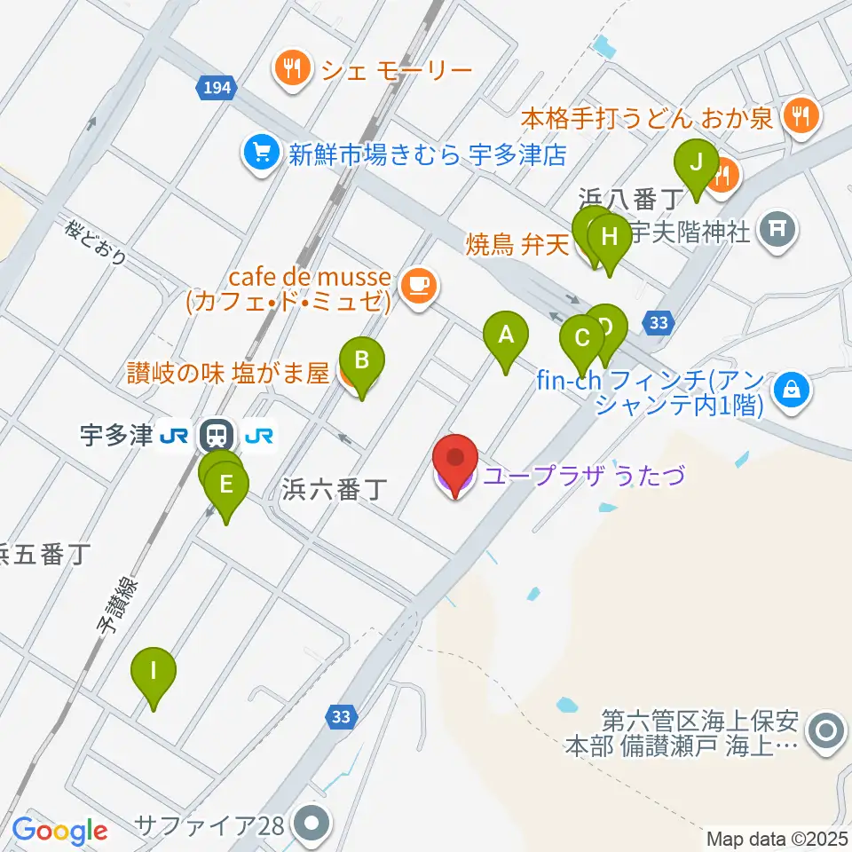 ユープラザうたづ周辺のファミレス・ファーストフード一覧地図