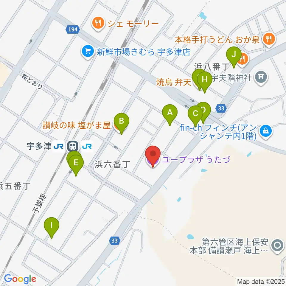 ユープラザうたづ周辺のファミレス・ファーストフード一覧地図