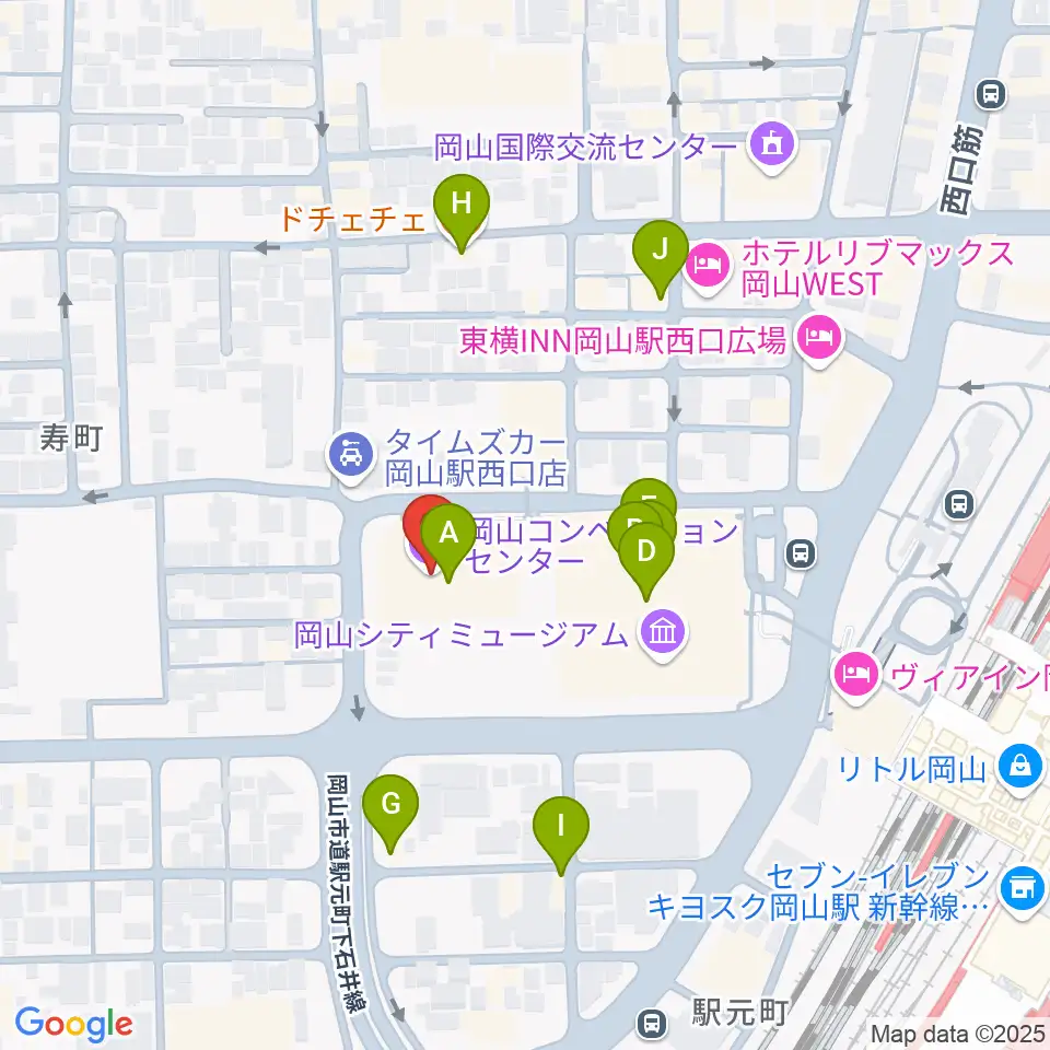 岡山コンベンションセンター周辺のファミレス・ファーストフード一覧地図