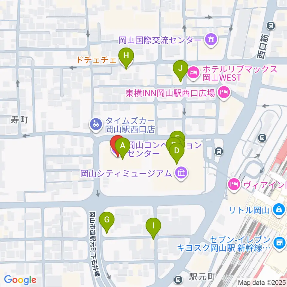 岡山コンベンションセンター周辺のファミレス・ファーストフード一覧地図