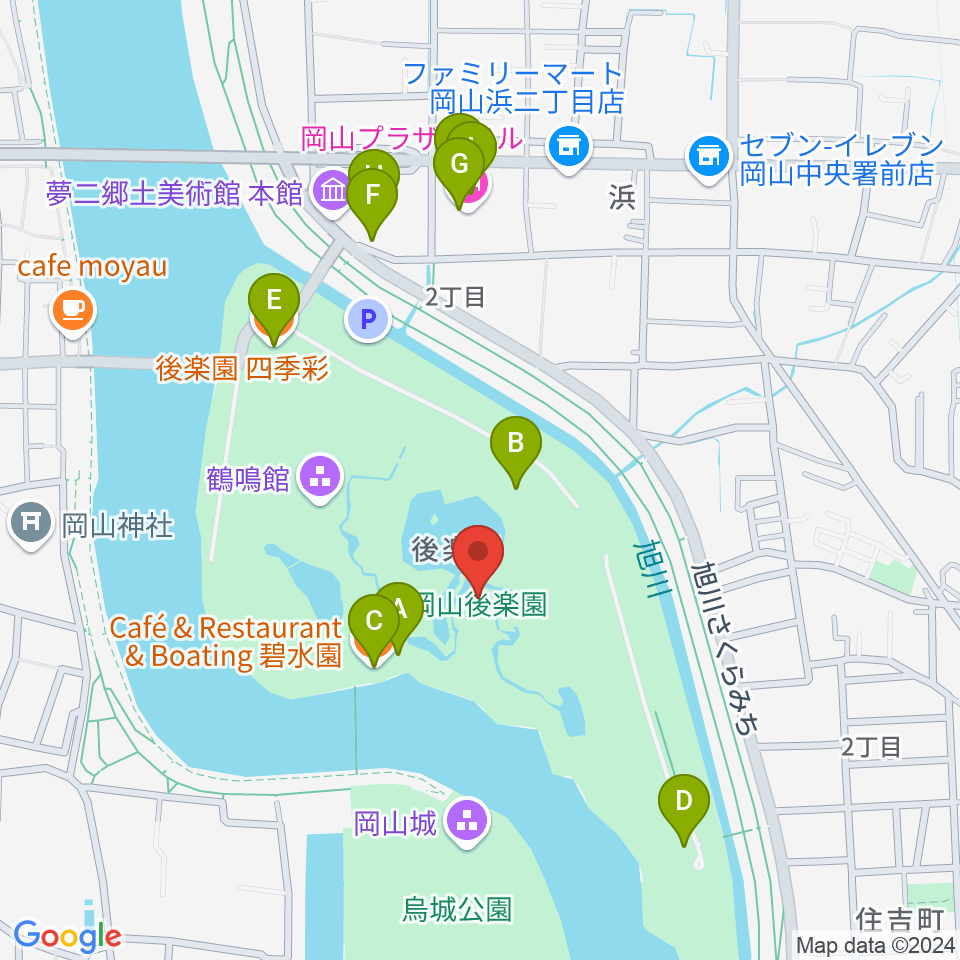 岡山後楽園周辺のファミレス・ファーストフード一覧地図