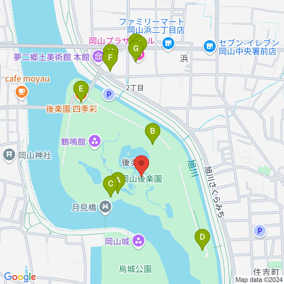 岡山後楽園周辺のファミレス・ファーストフード一覧地図