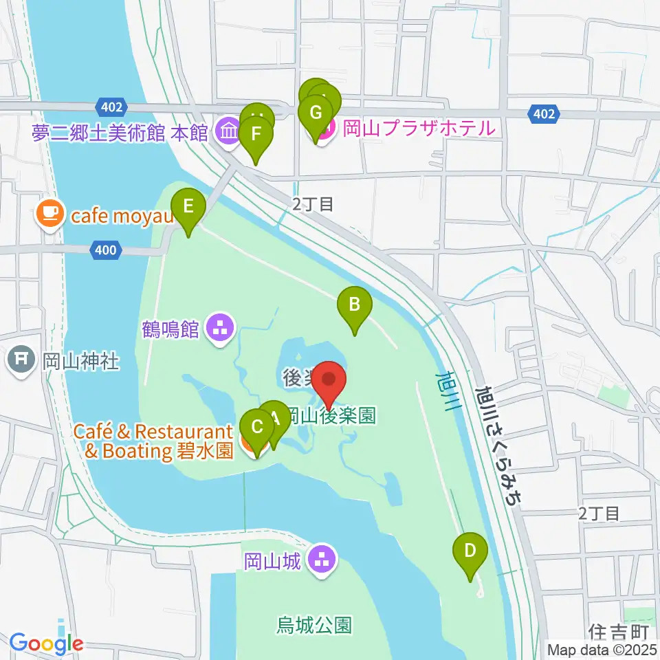 岡山後楽園周辺のファミレス・ファーストフード一覧地図