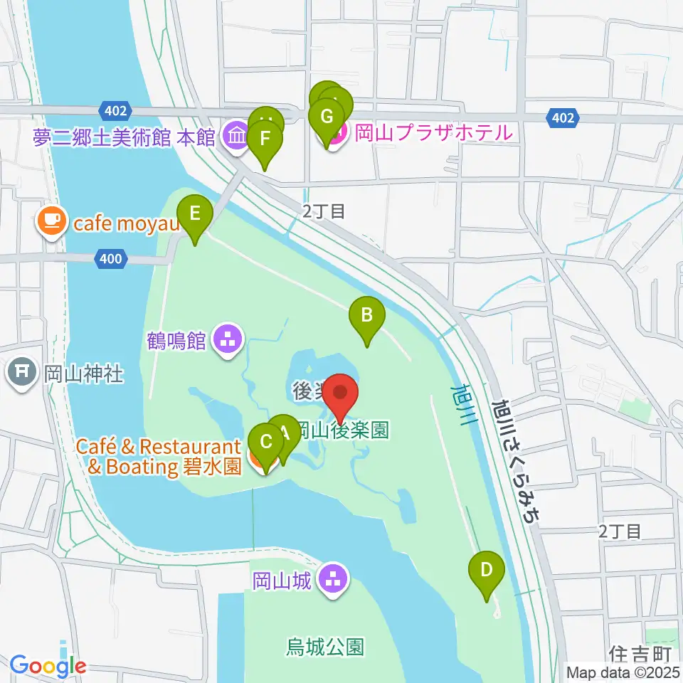 岡山後楽園周辺のファミレス・ファーストフード一覧地図