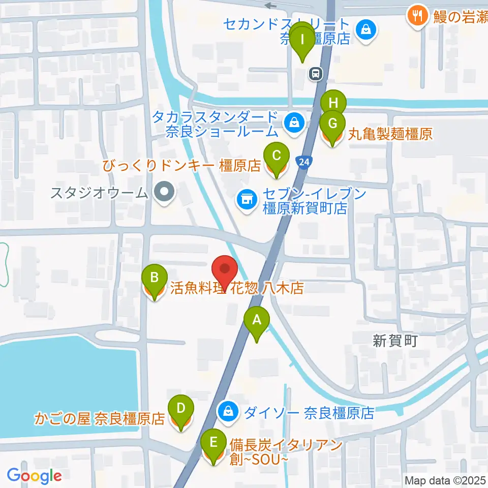 天理楽器 橿原本店・ホール音蔵周辺のファミレス・ファーストフード一覧地図