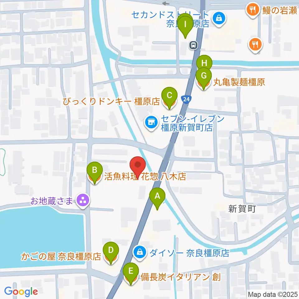 天理楽器 橿原本店・ホール音蔵周辺のファミレス・ファーストフード一覧地図
