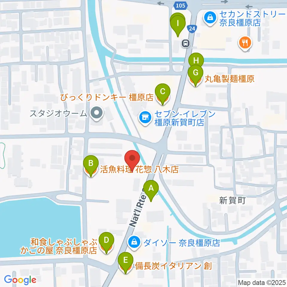 天理楽器 橿原本店・ホール音蔵周辺のファミレス・ファーストフード一覧地図