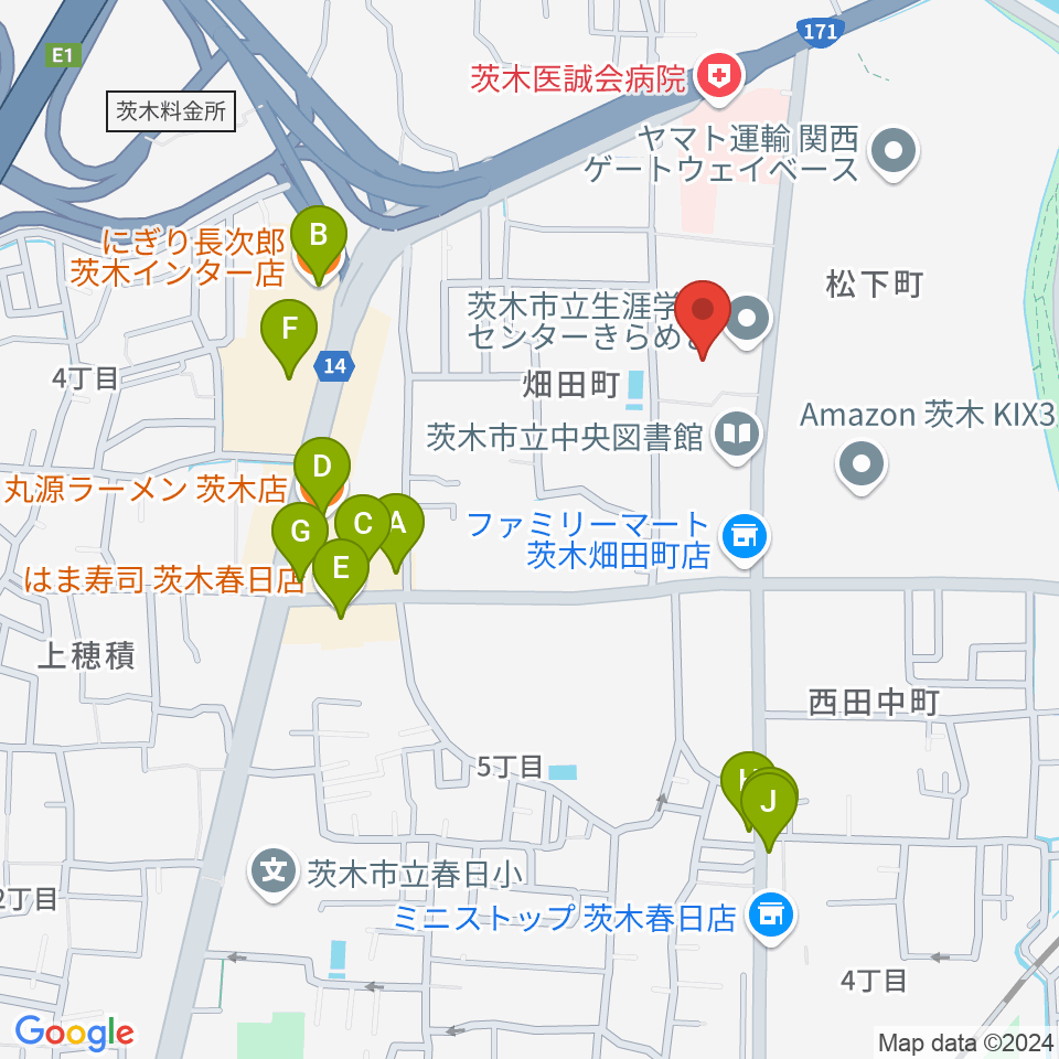 茨木市立生涯学習センターきらめき周辺のファミレス・ファーストフード一覧地図