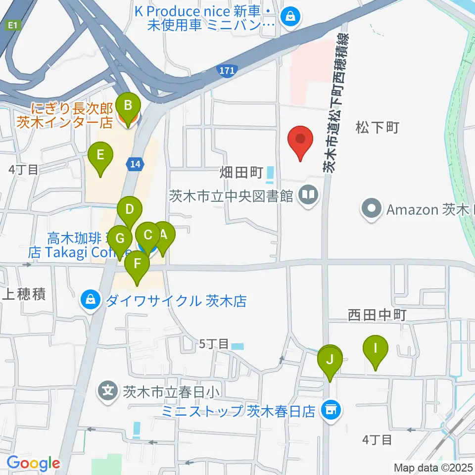 茨木市立生涯学習センターきらめき周辺のファミレス・ファーストフード一覧地図