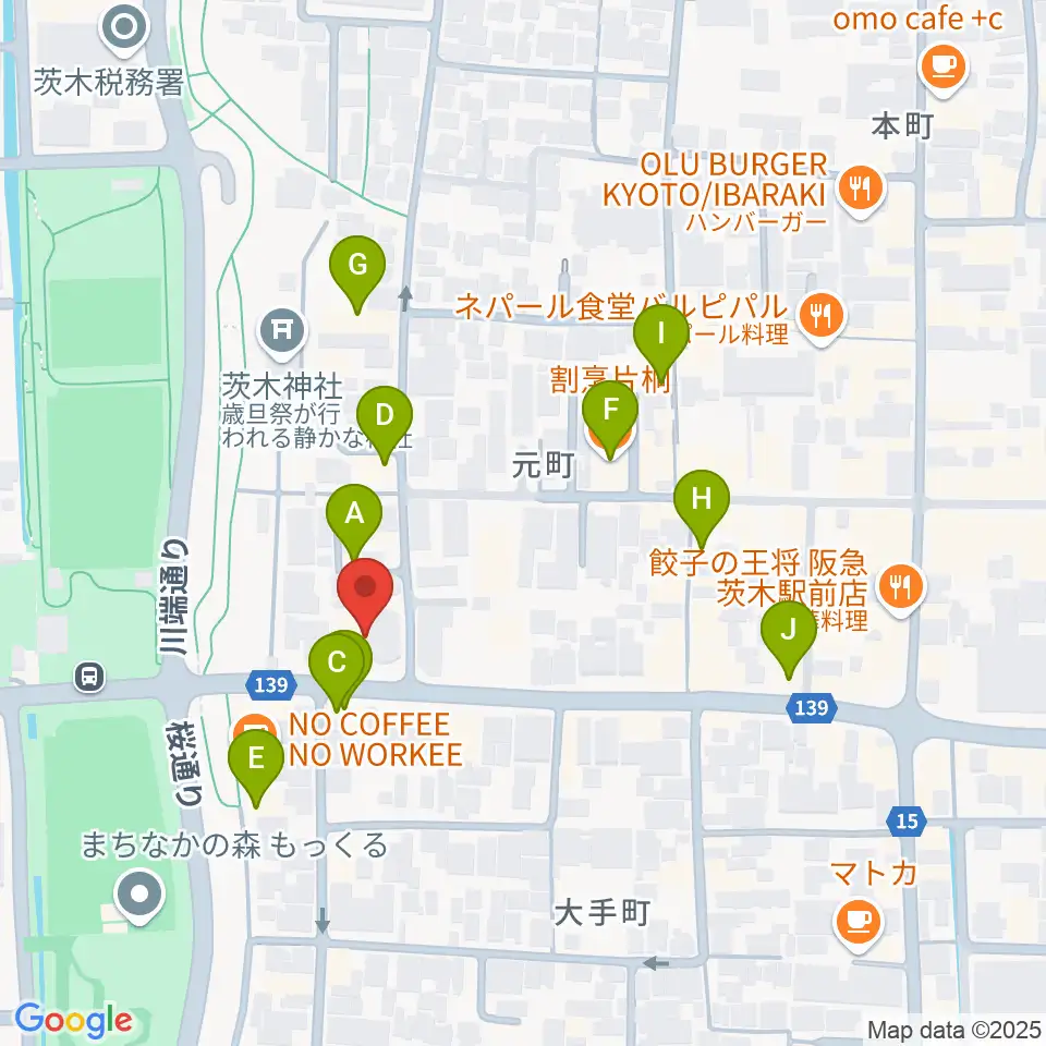 茨木市立男女共生センターローズWAM周辺のファミレス・ファーストフード一覧地図