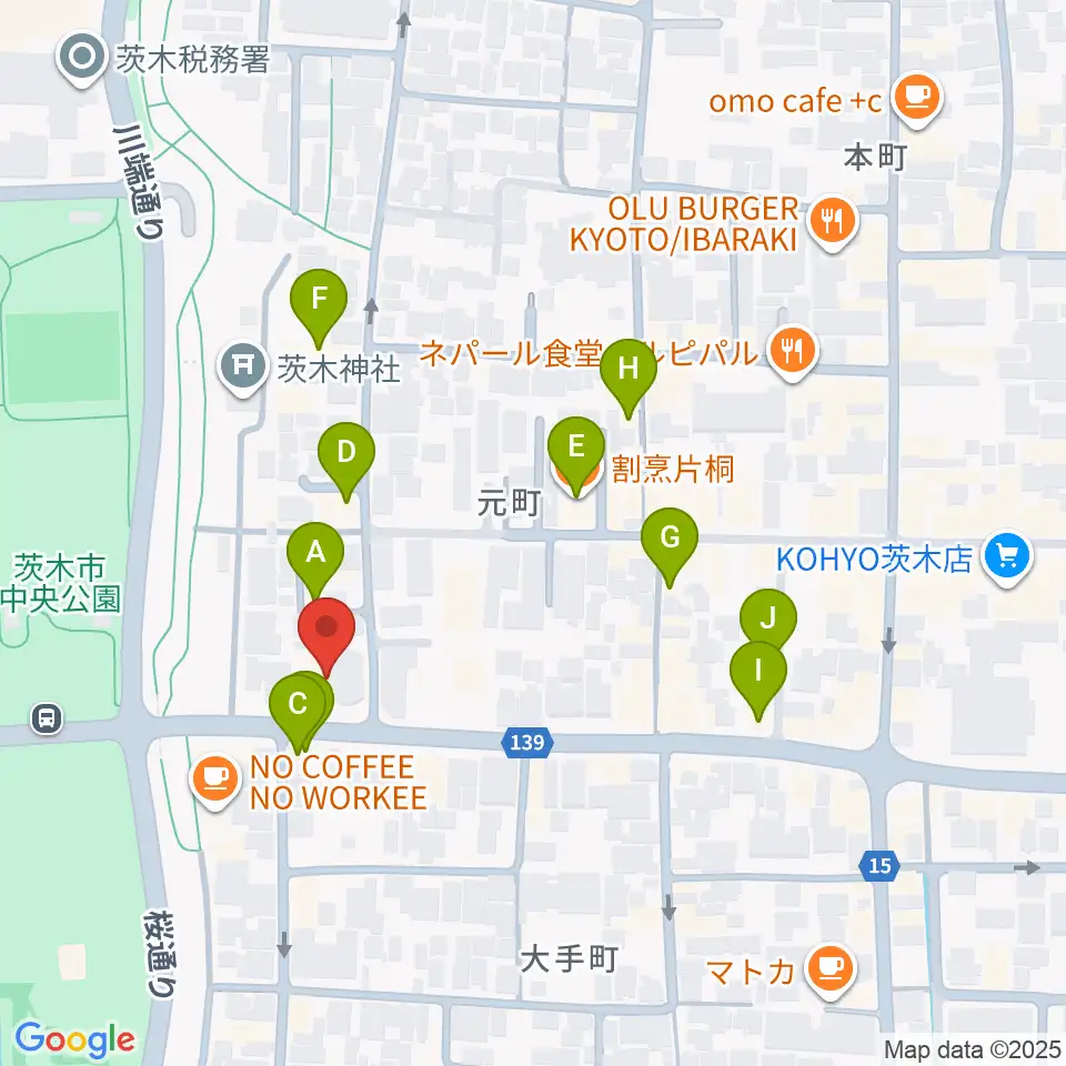 茨木市立男女共生センターローズWAM周辺のファミレス・ファーストフード一覧地図