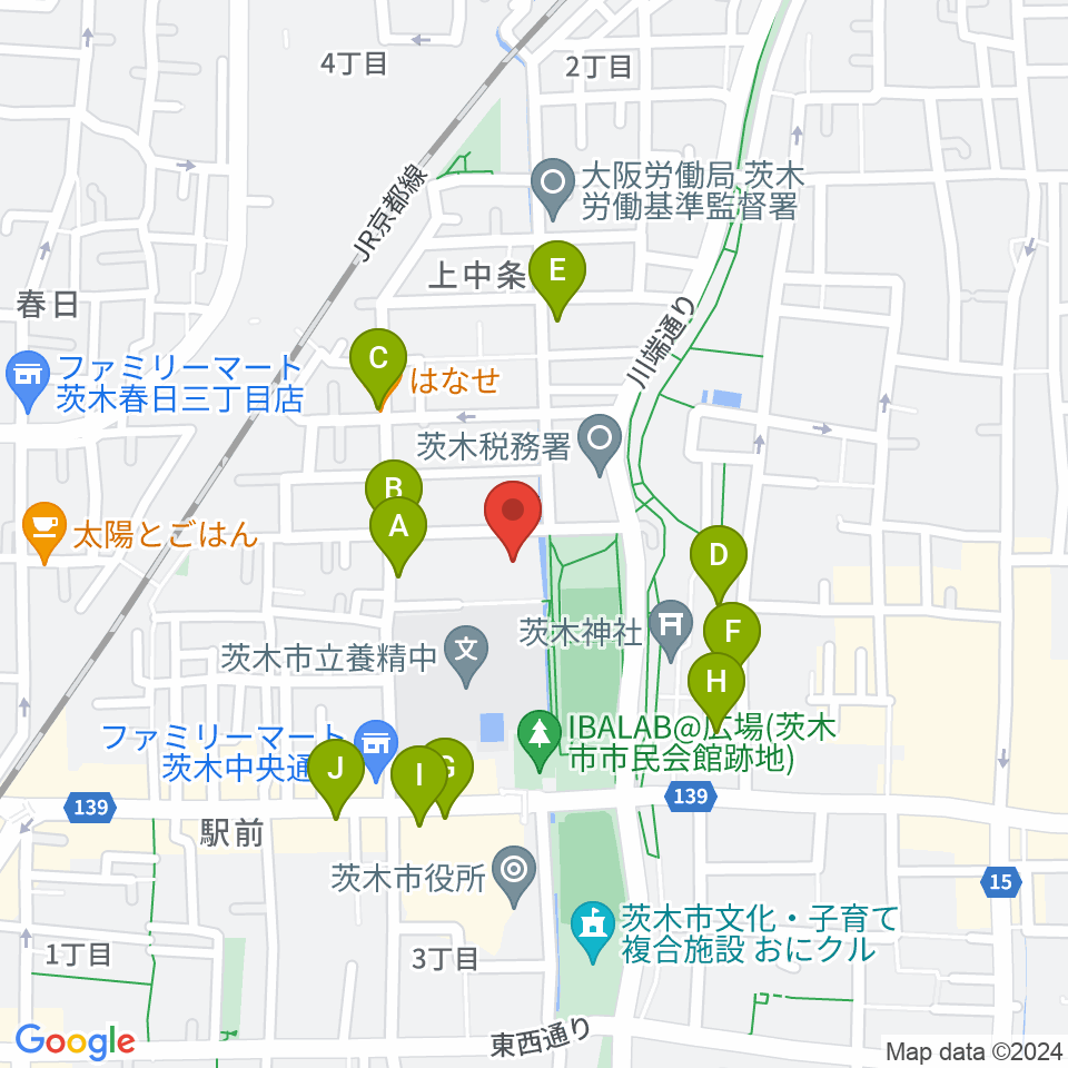 茨木市市民総合センター クリエイトセンター周辺のファミレス・ファーストフード一覧地図