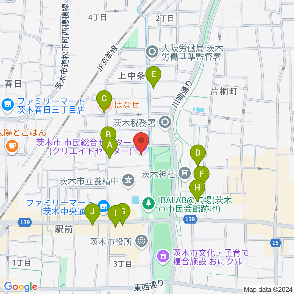 茨木市市民総合センター クリエイトセンター周辺のファミレス・ファーストフード一覧地図