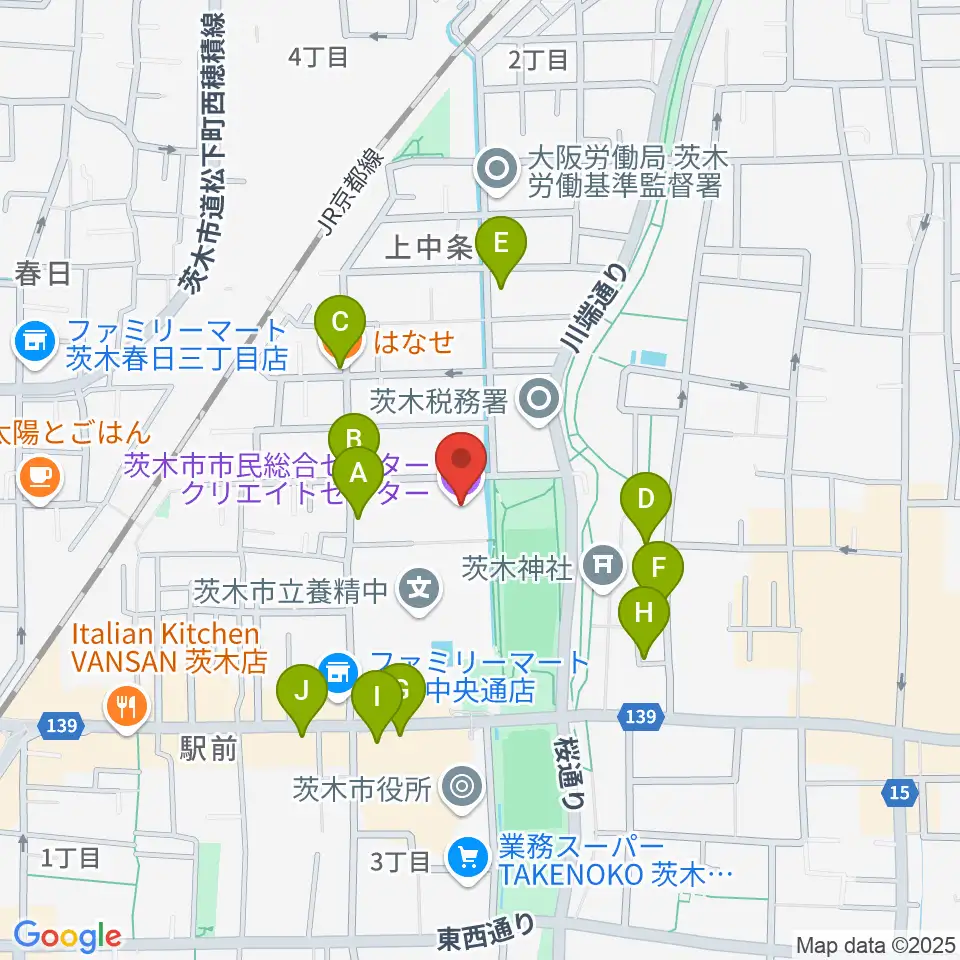 茨木市市民総合センター クリエイトセンター周辺のファミレス・ファーストフード一覧地図