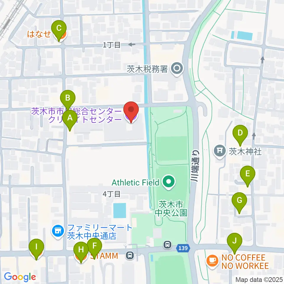茨木市市民総合センター クリエイトセンター周辺のファミレス・ファーストフード一覧地図