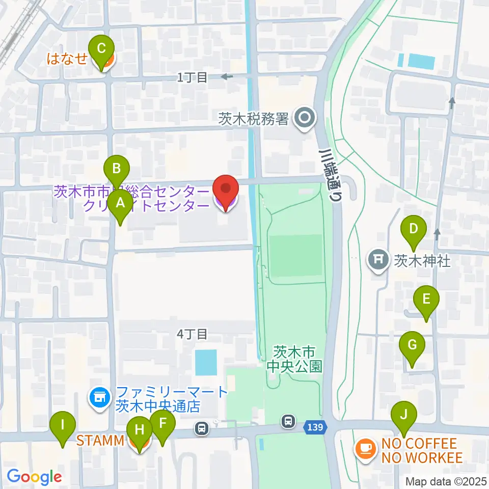 茨木市市民総合センター クリエイトセンター周辺のファミレス・ファーストフード一覧地図