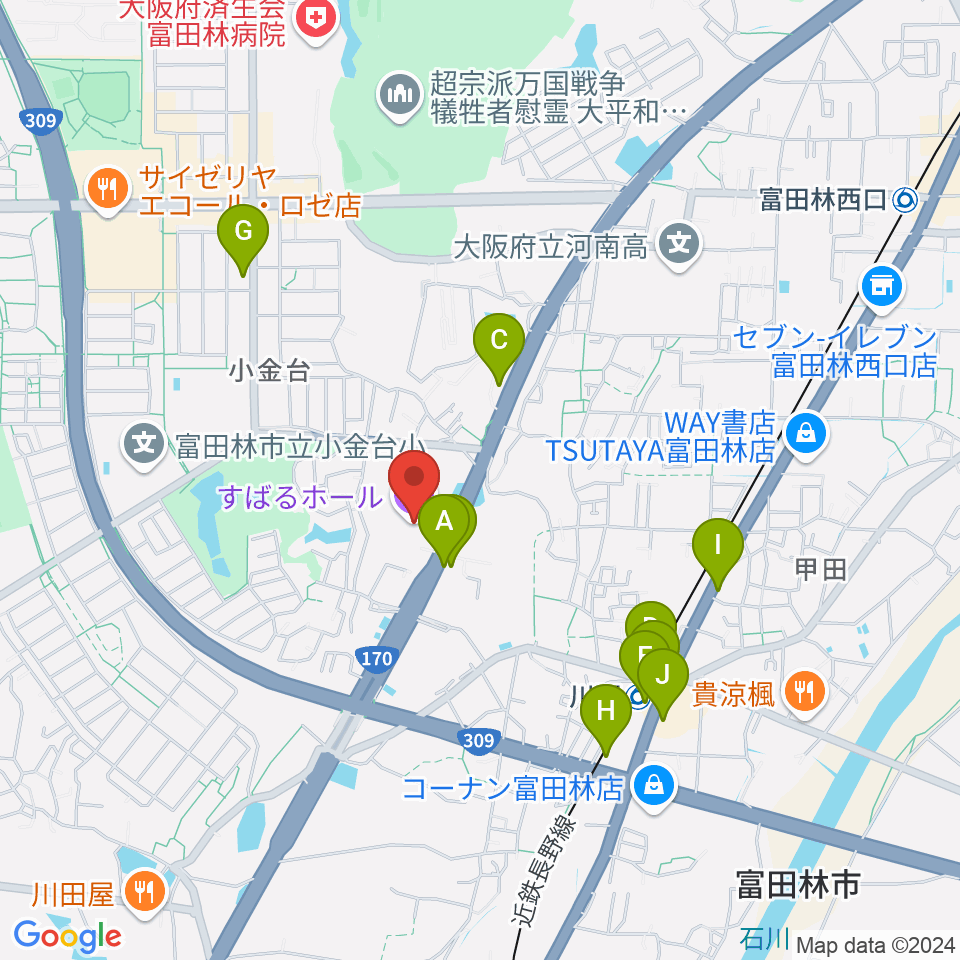 すばるホール周辺のファミレス・ファーストフード一覧地図