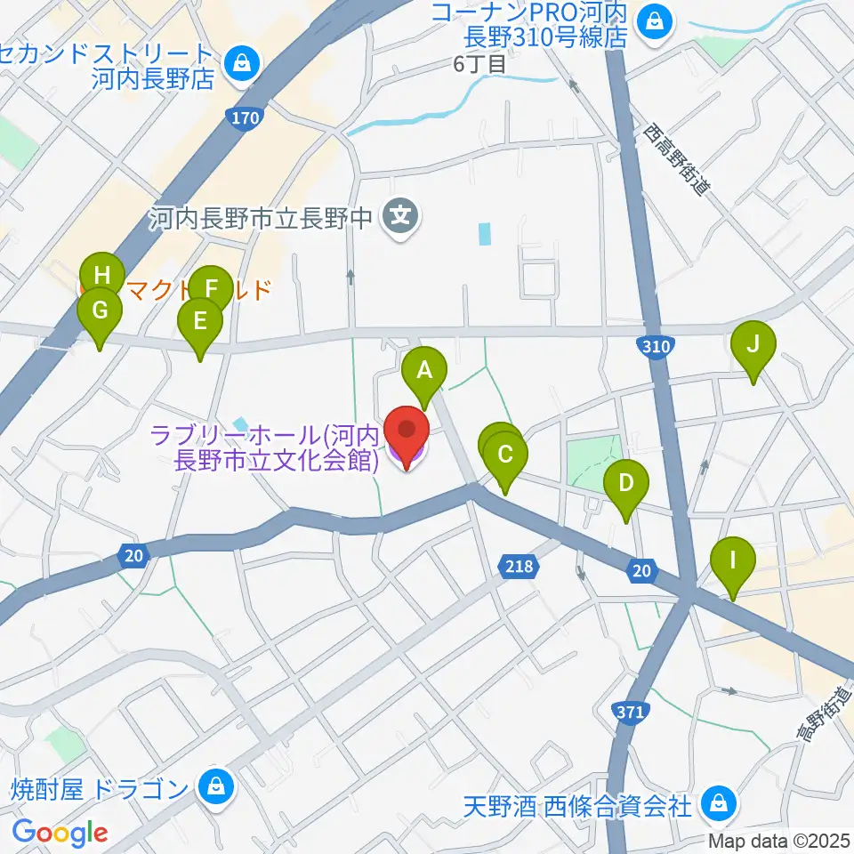 ラブリーホール周辺のファミレス・ファーストフード一覧地図