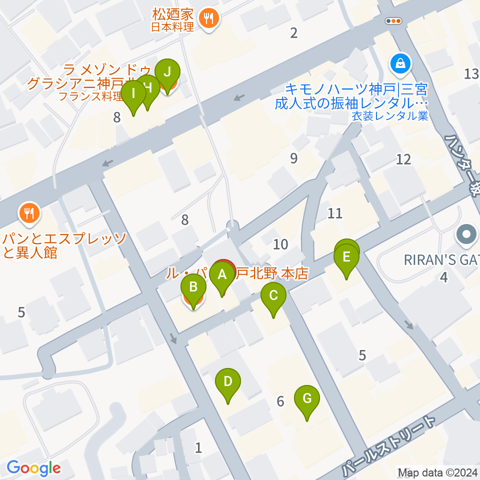 神戸北野ハッピーローラ周辺のファミレス・ファーストフード一覧地図