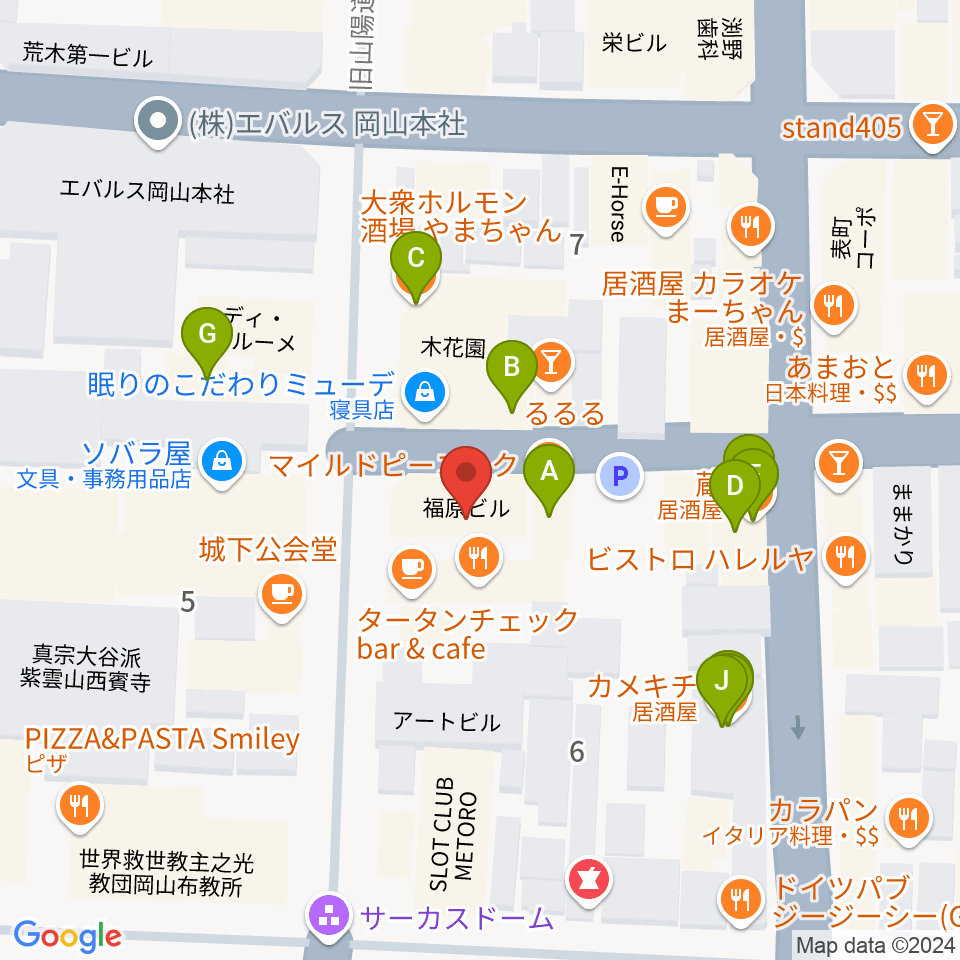 岡山Bird周辺のファミレス・ファーストフード一覧地図